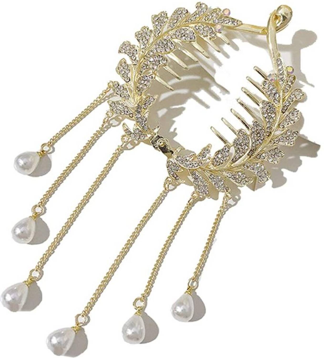 Ashkash 1Pcs Rhinestone Diamond-studded Pearl Tassel Bun Cover Ponytail Holder Clip Hair Claw