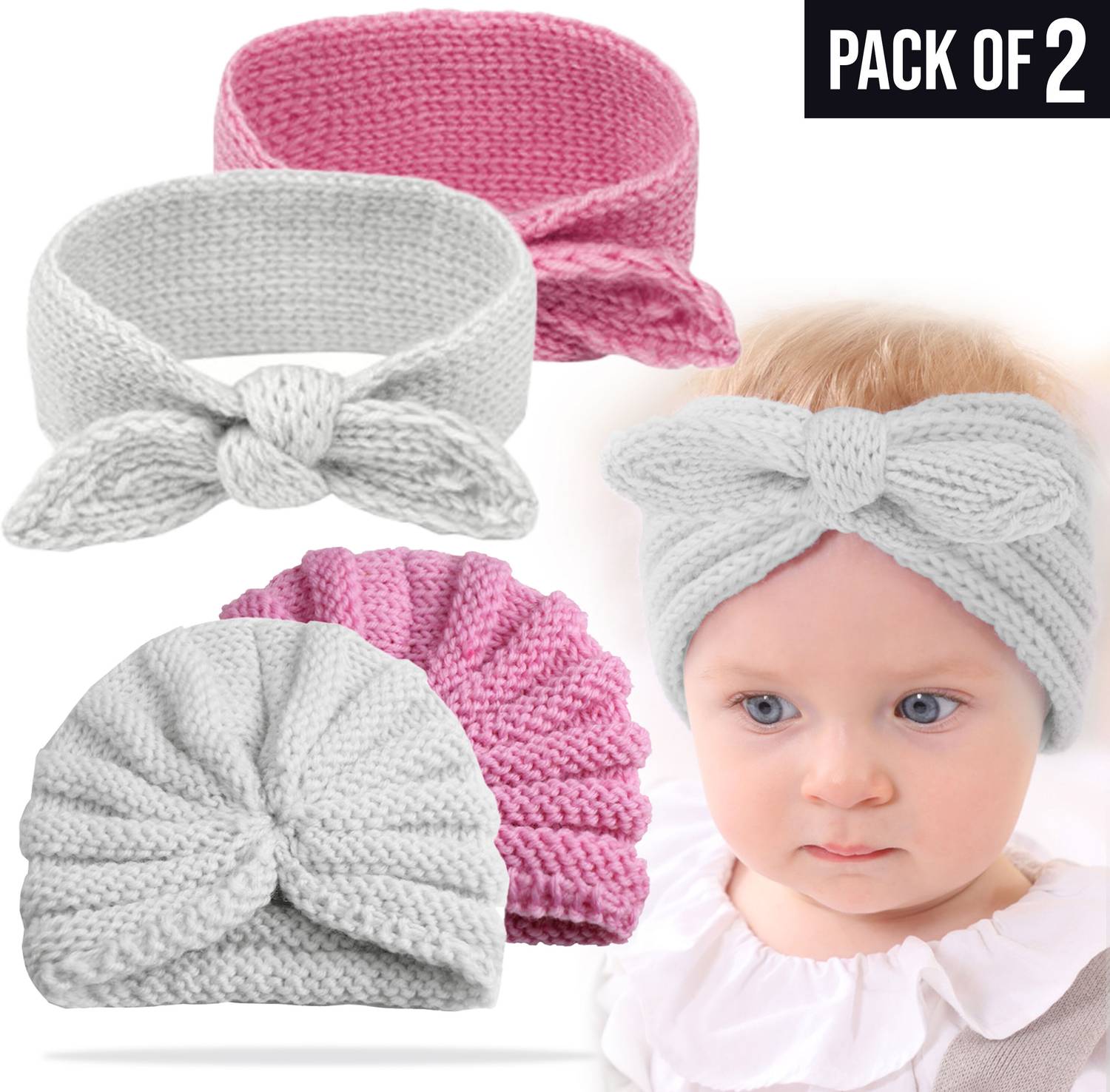 Bembika Beanie With Headband For Baby Girl Hair Accessories For Girls Baby Headband-2 Pc Hair Band