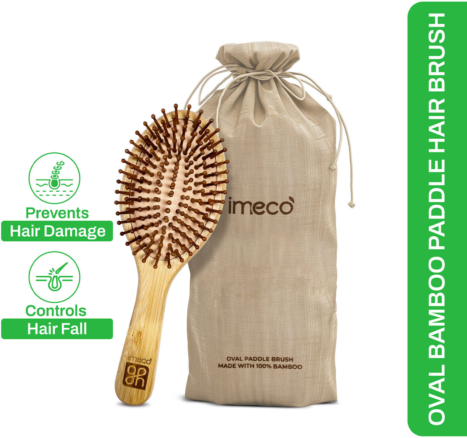 Image of IMECO Bamboo Hair Brush with bamboo bristles | Oval Paddle Hair Brush