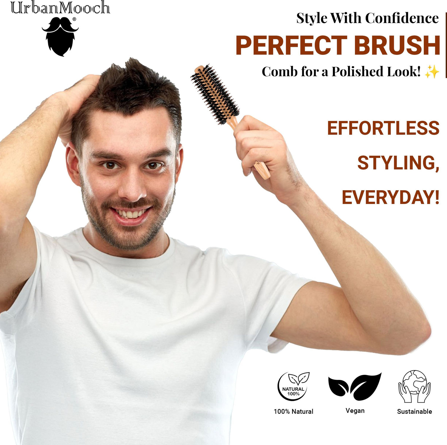 Image of UrbanMooch Round Hair Brush for Men & Women and Hair Brush Cleaner Combo, For Quick Blowout