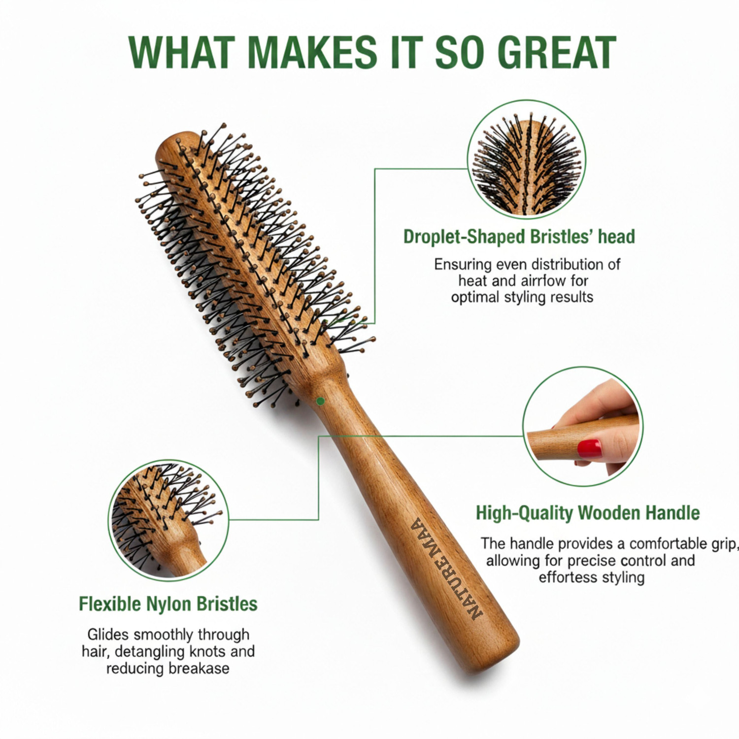 Image of Nature Maa Wooden Round Brush: Volumizing, Curling, Styling & Scalp Massage Men's /Women's