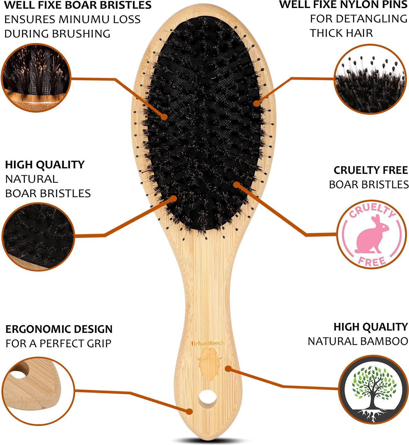 Image of UrbanMooch Boar Bristle Hair Brush With Hair Brush Cleaner
