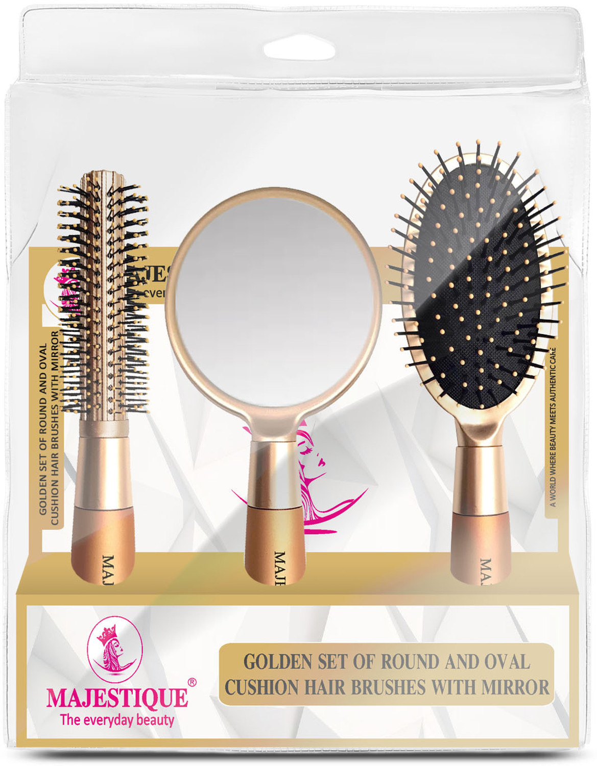 Image of MAJESTIQUE Round and Oval Cushion Hair Brush Set with Handle Mirror, Soft Nylon Bristles