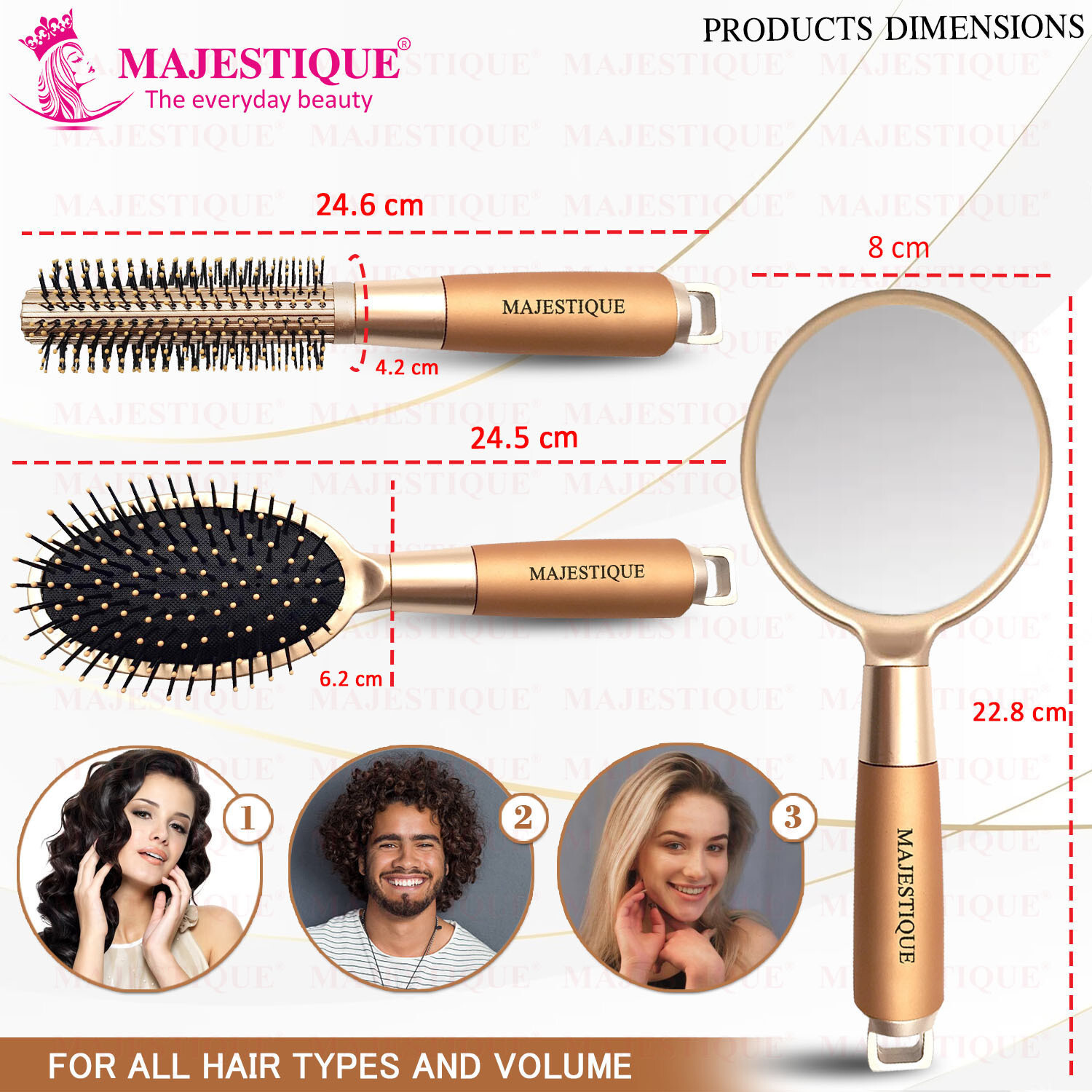 Image of MAJESTIQUE Round and Oval Cushion Hair Brush Set with Handle Mirror, Soft Nylon Bristles