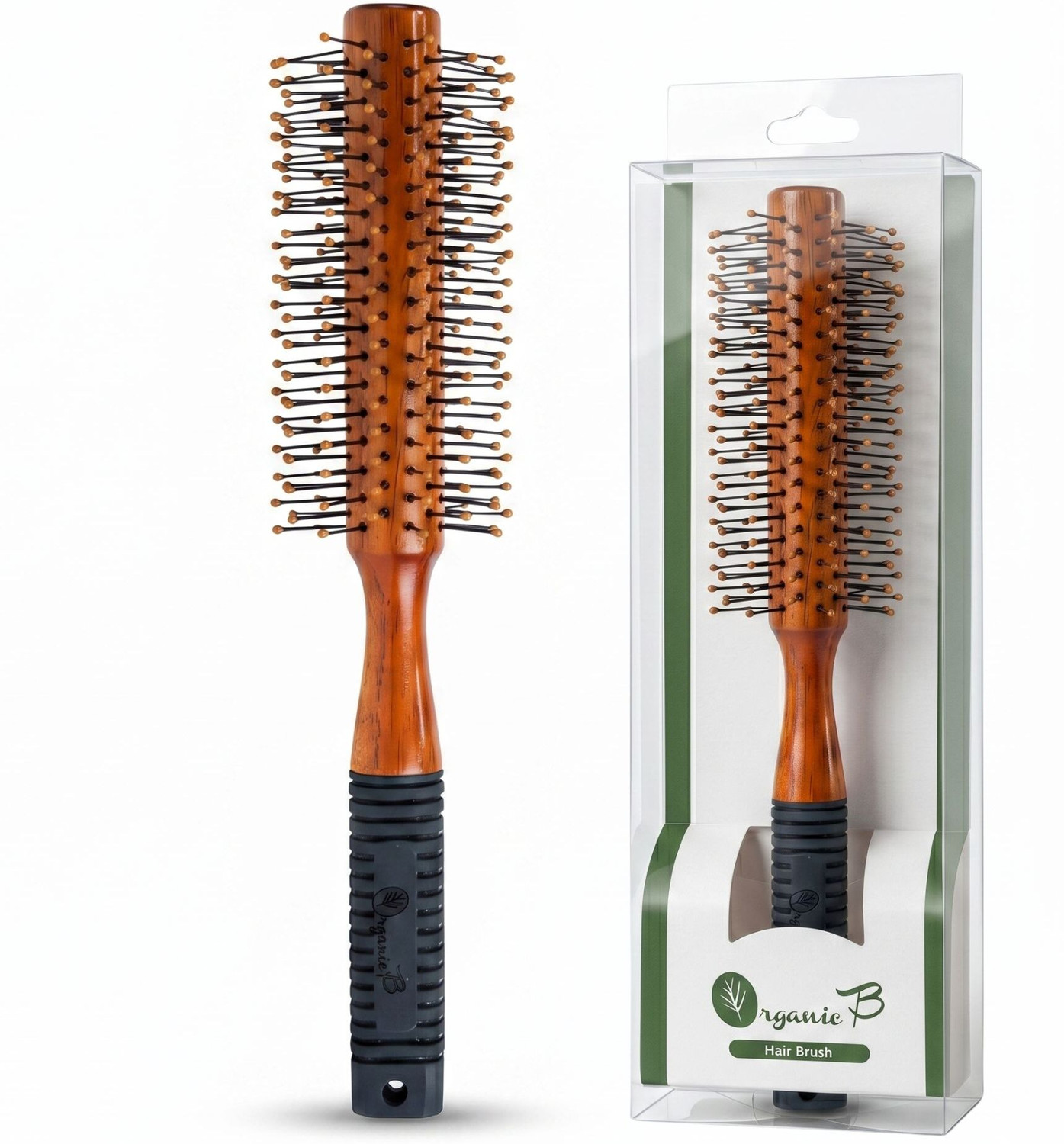 Organic B Wooden Hair Roller Brush|Rubber Handle| Nylon Droplet Bristles