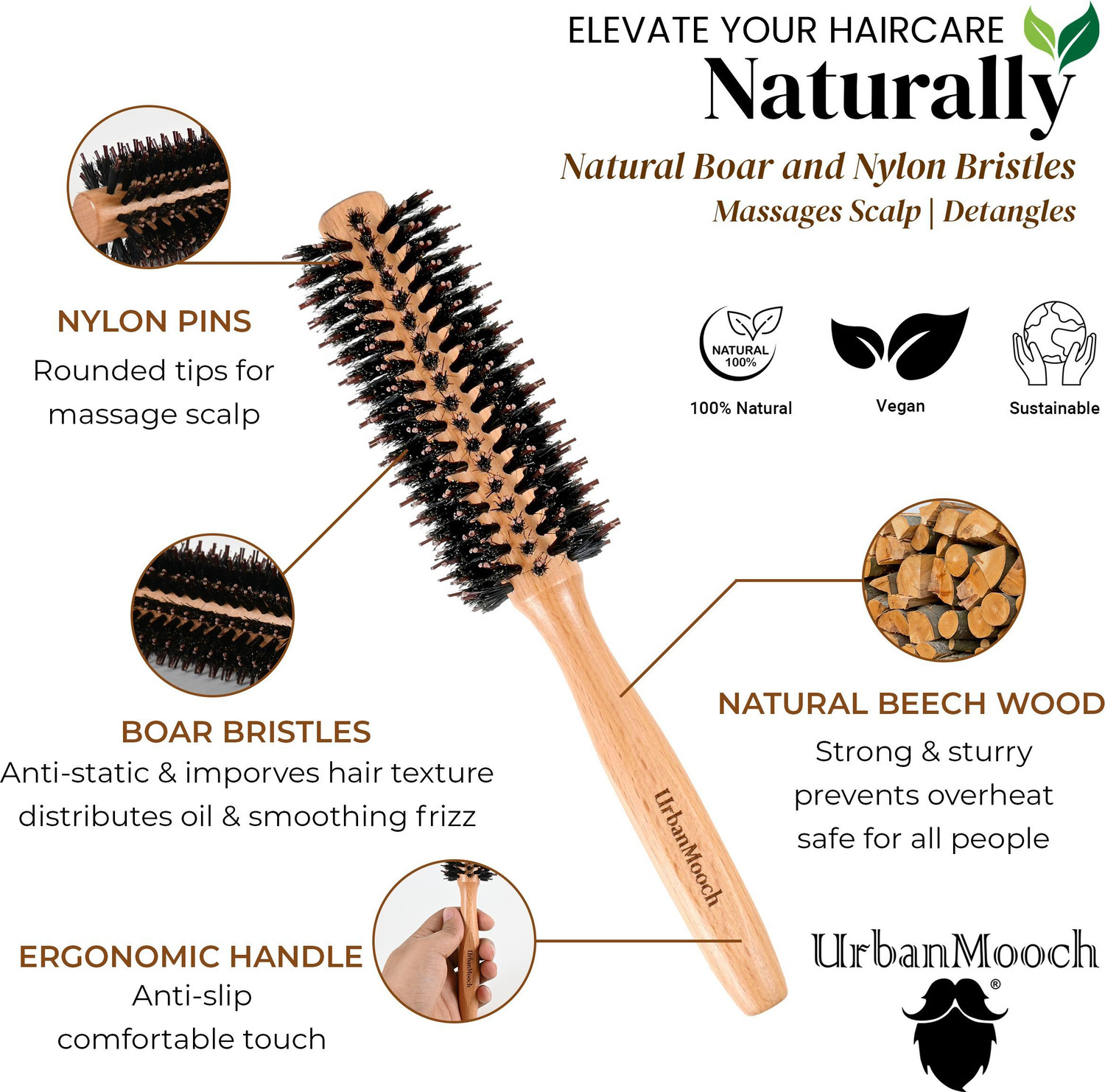 Image of UrbanMooch Round Hair Brush for Men & Women and Hair Brush Cleaner Combo, For Quick Blowout