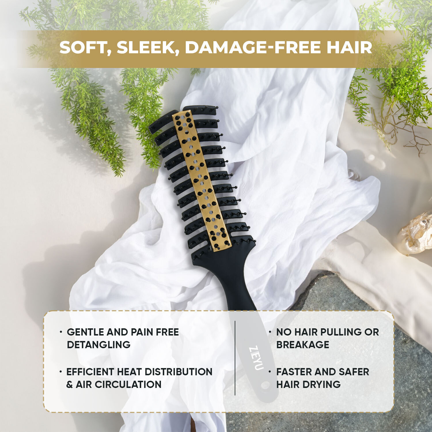 Image of Zeyu Vent Hair Brush With Metal Plate & Bristles Anti-Slip Hair Comb For Hair Styling