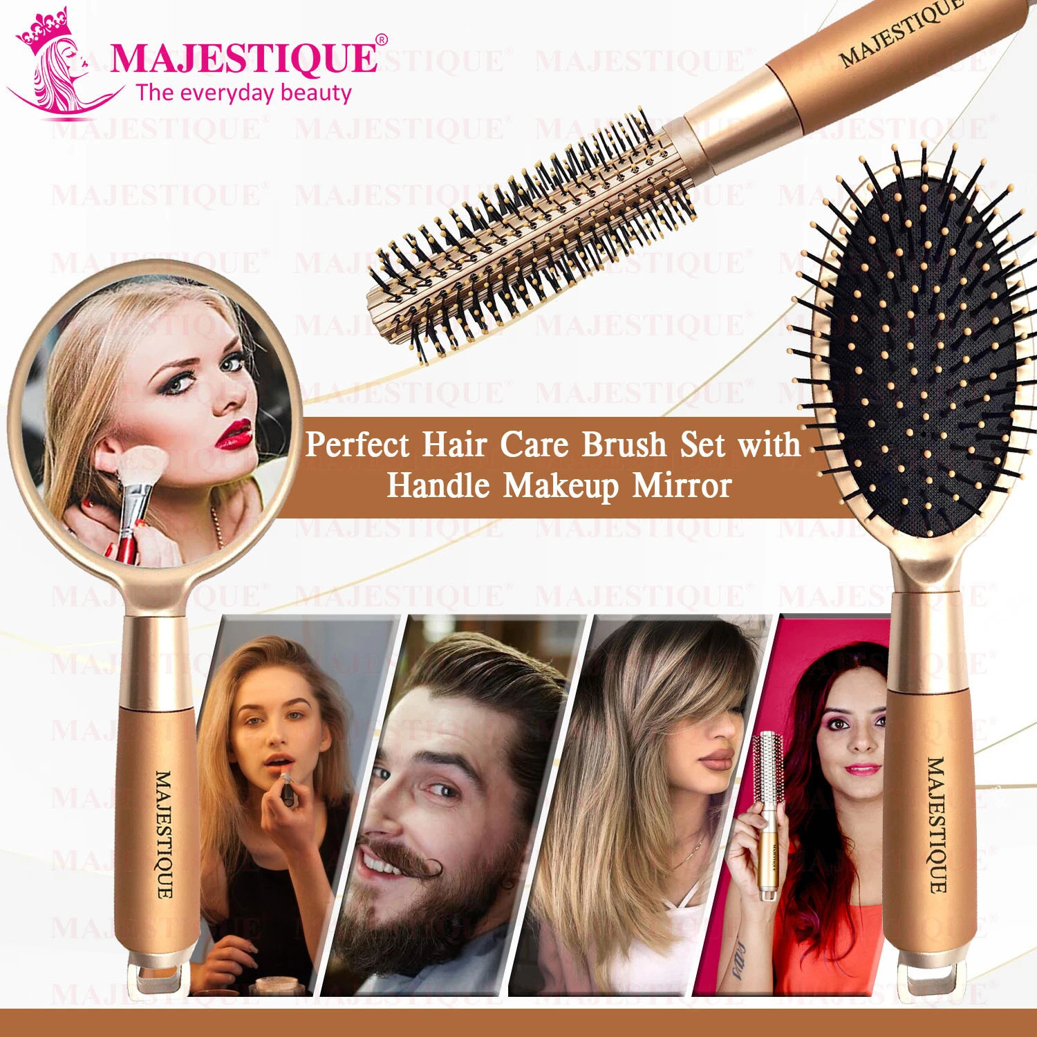 Image of MAJESTIQUE Round and Oval Cushion Hair Brush Set with Handle Mirror, Soft Nylon Bristles