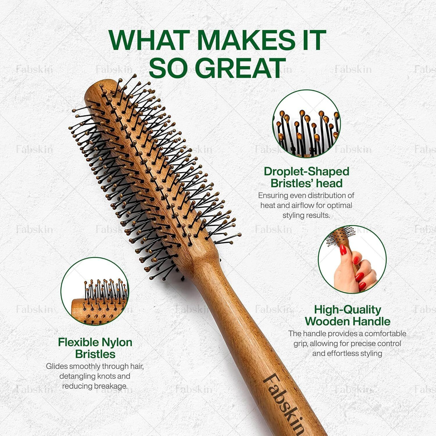 Image of Fabskin Wooden Round Hair Brush For Hair Styling Straightening,Curling,Drying,Volumizing