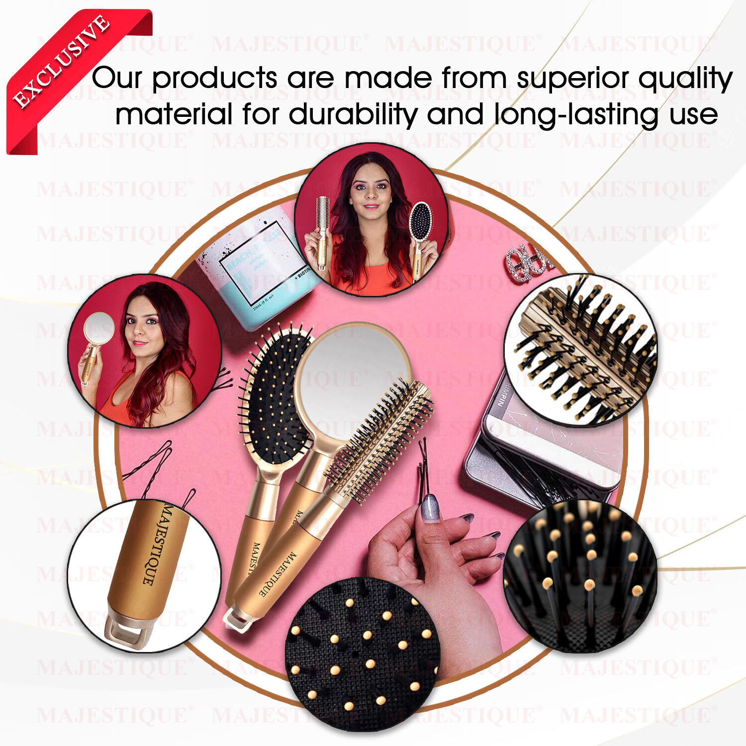 Image of MAJESTIQUE Round and Oval Cushion Hair Brush Set with Handle Mirror, Soft Nylon Bristles