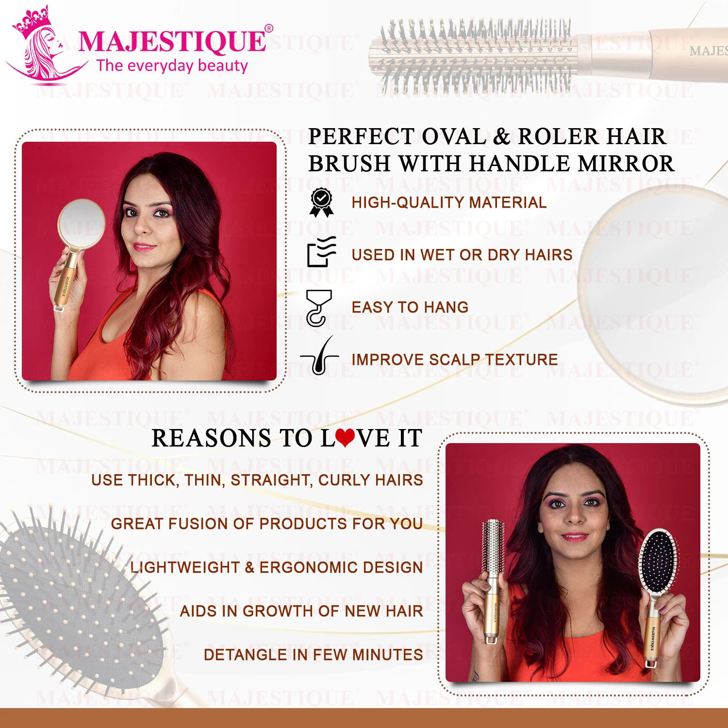 Image of MAJESTIQUE Round and Oval Cushion Hair Brush Set with Handle Mirror, Soft Nylon Bristles