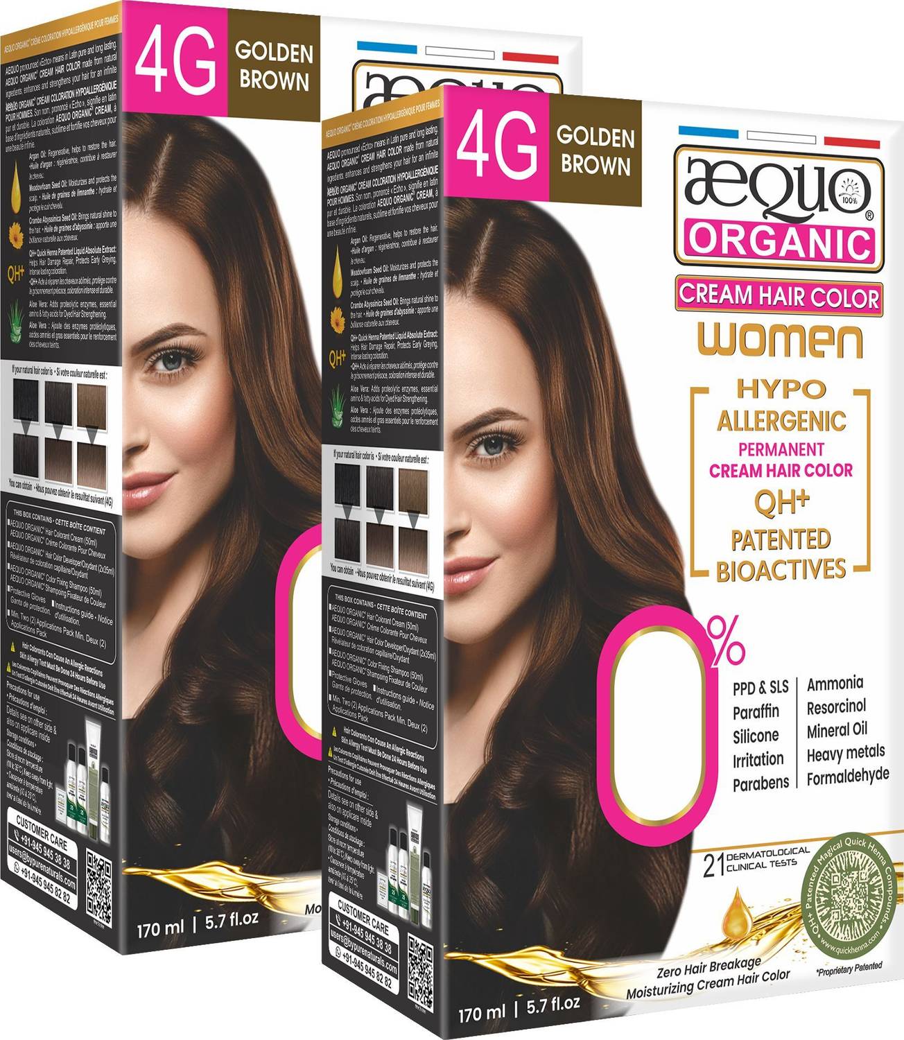 Aequo Organic Permanent Hair Color, Women 4G Golden Brown, 170Ml (pack of 2) , Golden Brown