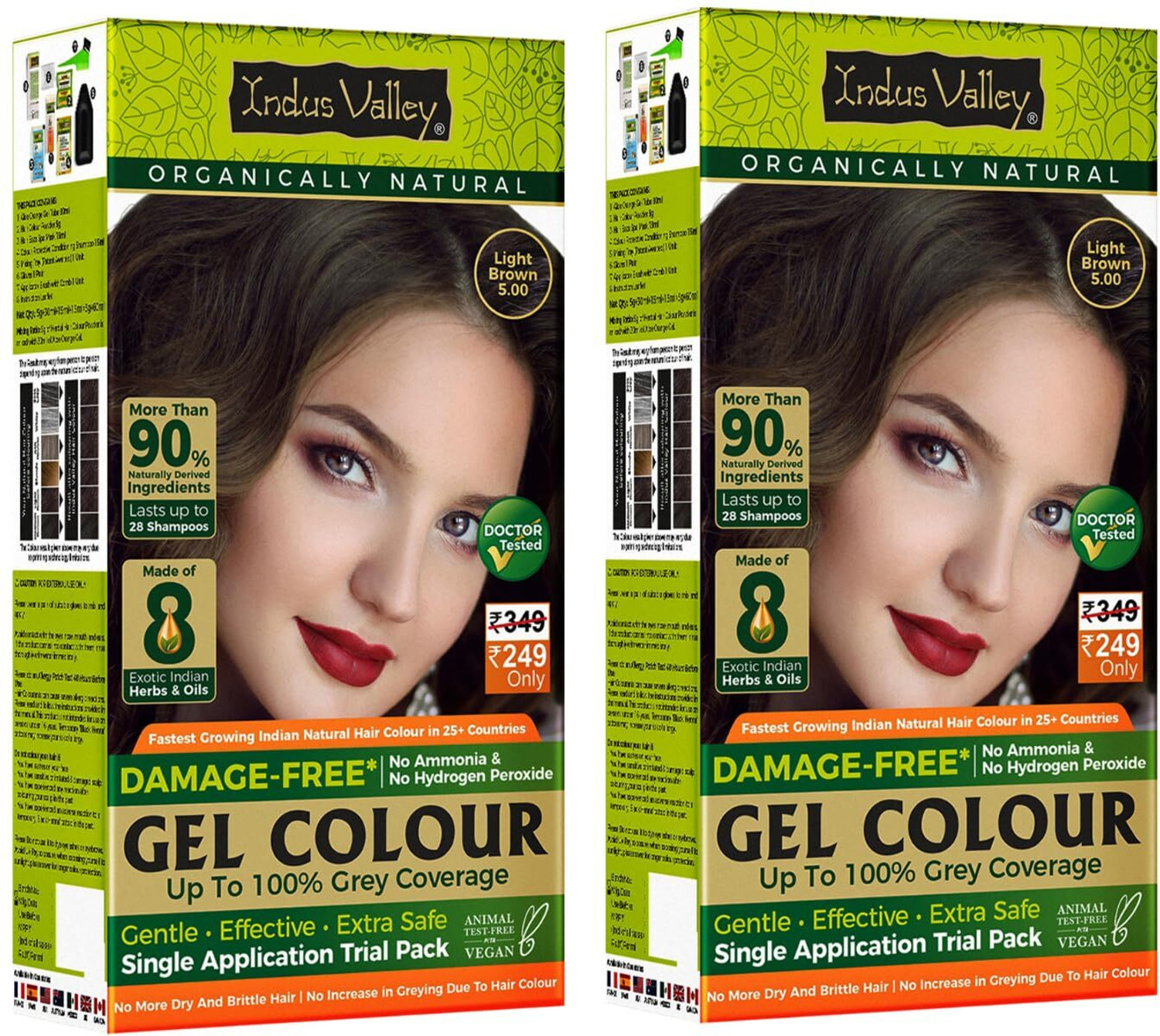 Indus Valley Damage Free Gel Hair Colour 100% Grey Coverage Trial Pack (Pack of 2) , Light Brown