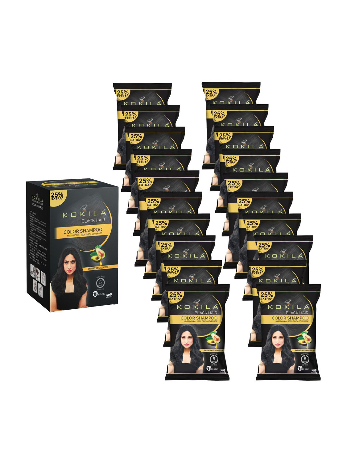 KOKILA Instant Ammonia Free, Hair Color Shampoo Enriched with Avocado oil, (Black, 20) , Natural Black