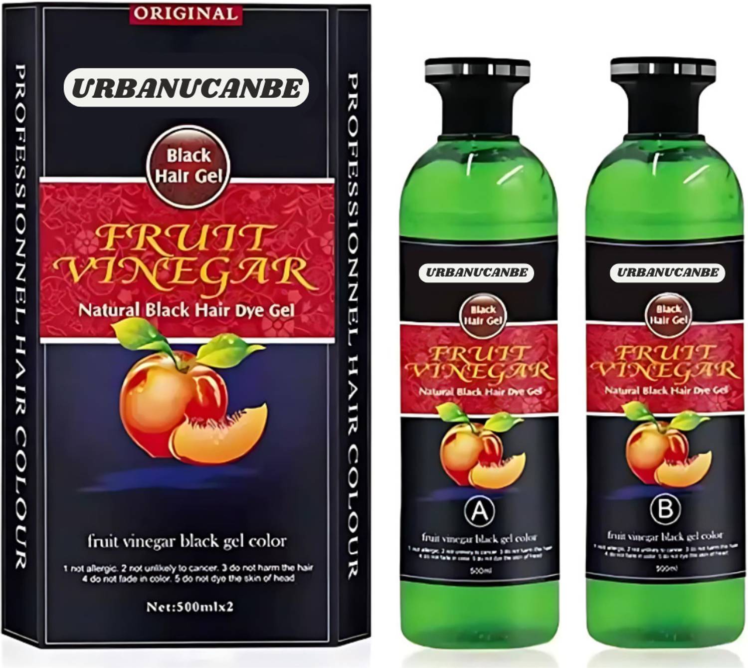 URBANUCANBE Fruit Vinegar Gel Hair Dye - Natural Black, 1000ml Total Pack , BLACK