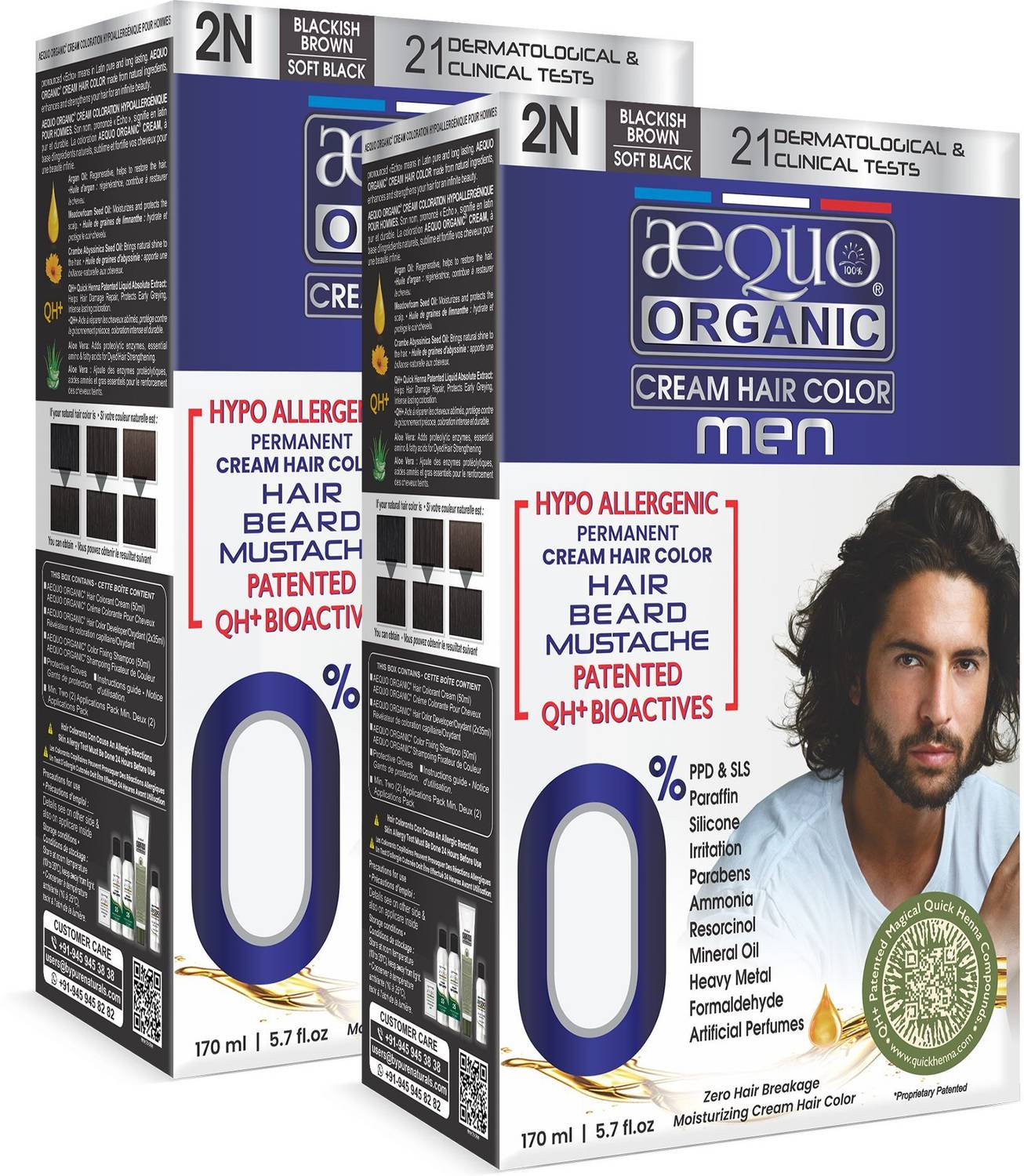 Aequo Organic Permanent Hair Color, Men 2N Blackish Brown Hair Colour Kit, 170ml (pack of 2) , Blackish Brown