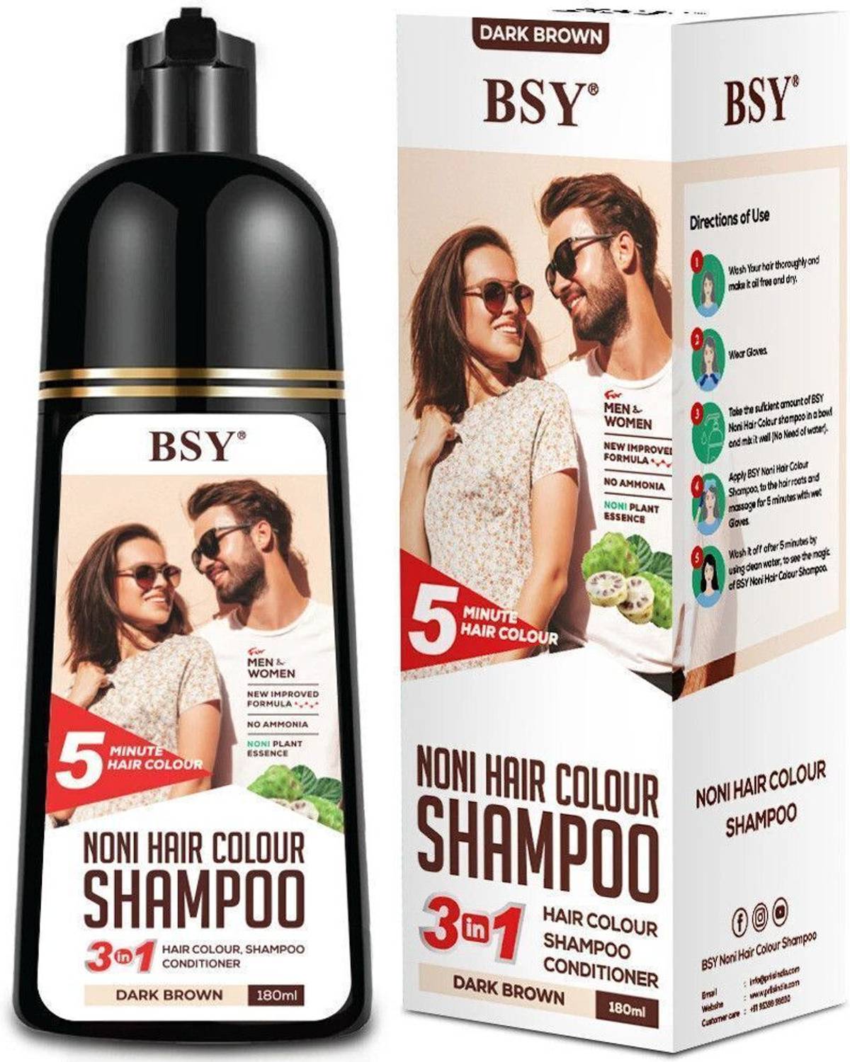 BSY Noni Dark Brown Hair Colour Shampoo - 180ml- Pump Pack , Dark