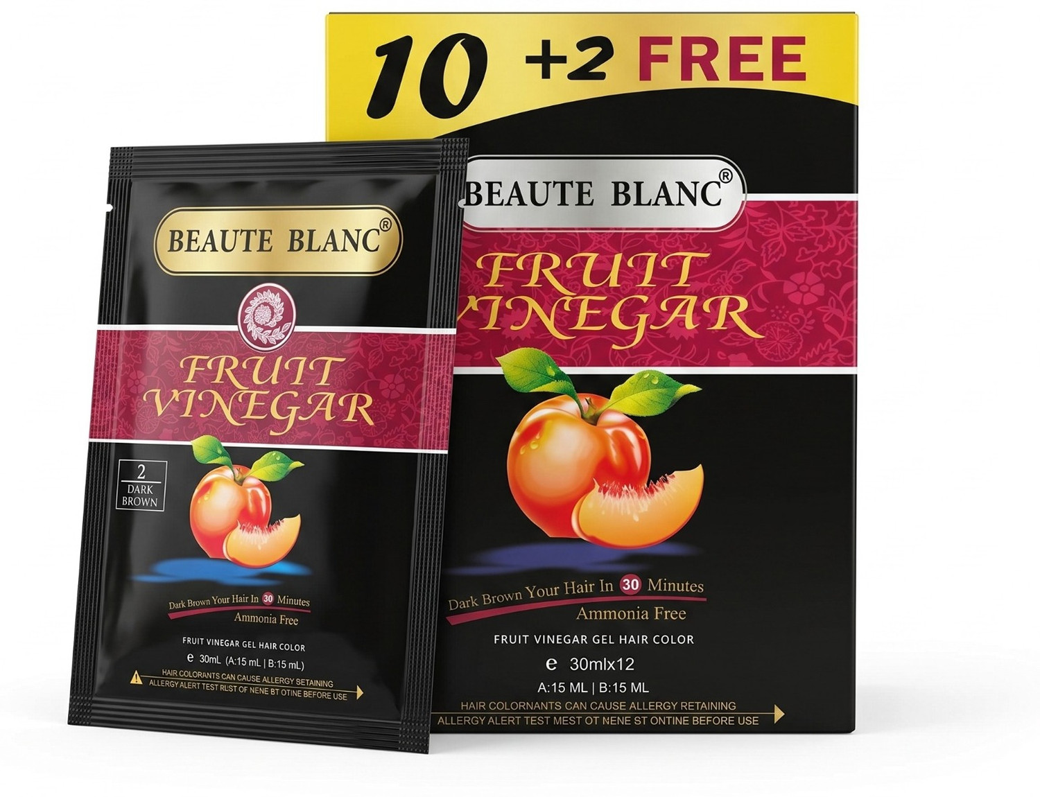 BEAUTE BLANC Fruit VInegar Gel Hair Dye Pouch - 12 X 30ml , Dark Brown