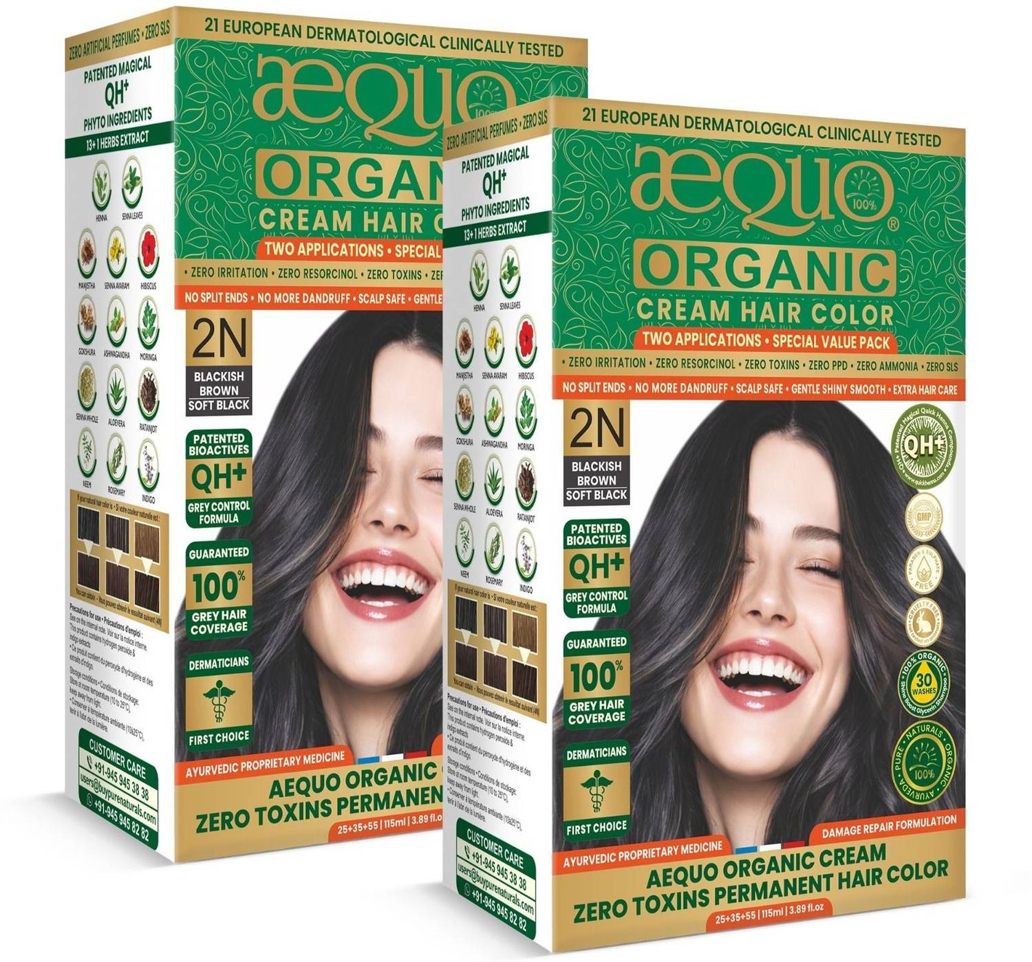 Aequo Organic Cream Hair Color 2N Blackish Brown | 100% Grey Coverage |Ammonia Free(Pack of 2) , Soft Black