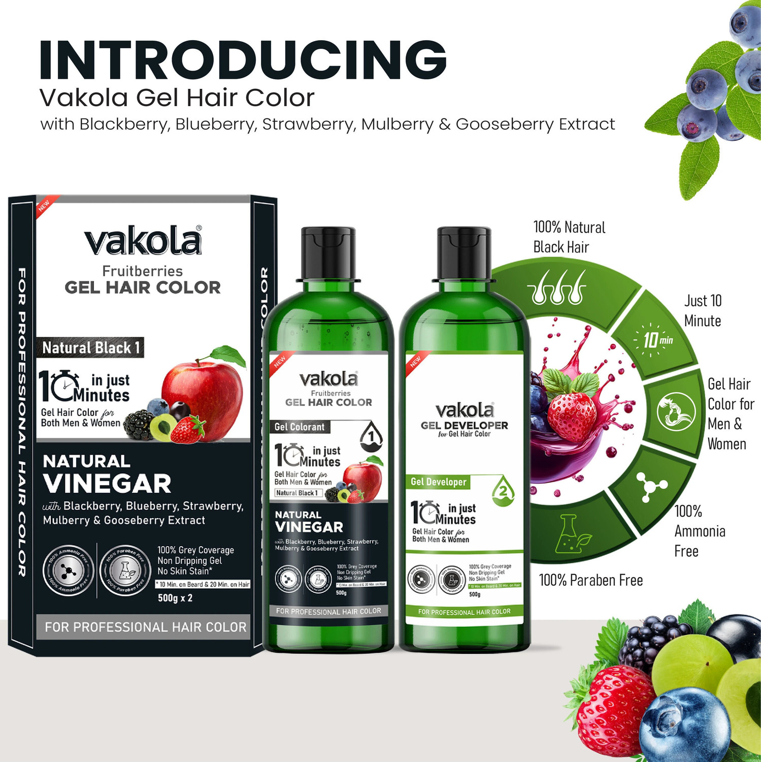 Image of Vakola Natural Black 20 Min Gel Hair Color, 100% Grey Coverage, 500MLX2 Developer Color , Natural Black