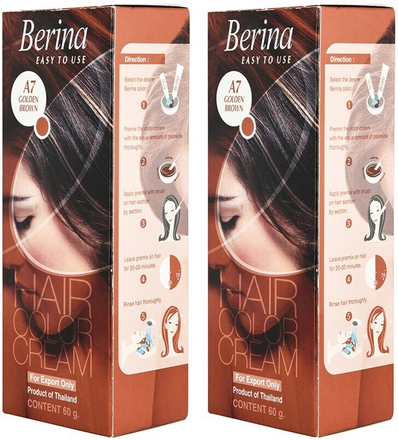Berina A7 Golden Brown Hair Color Cream 60gm , Golden Brown, Pack of 2 , Golden Brown
