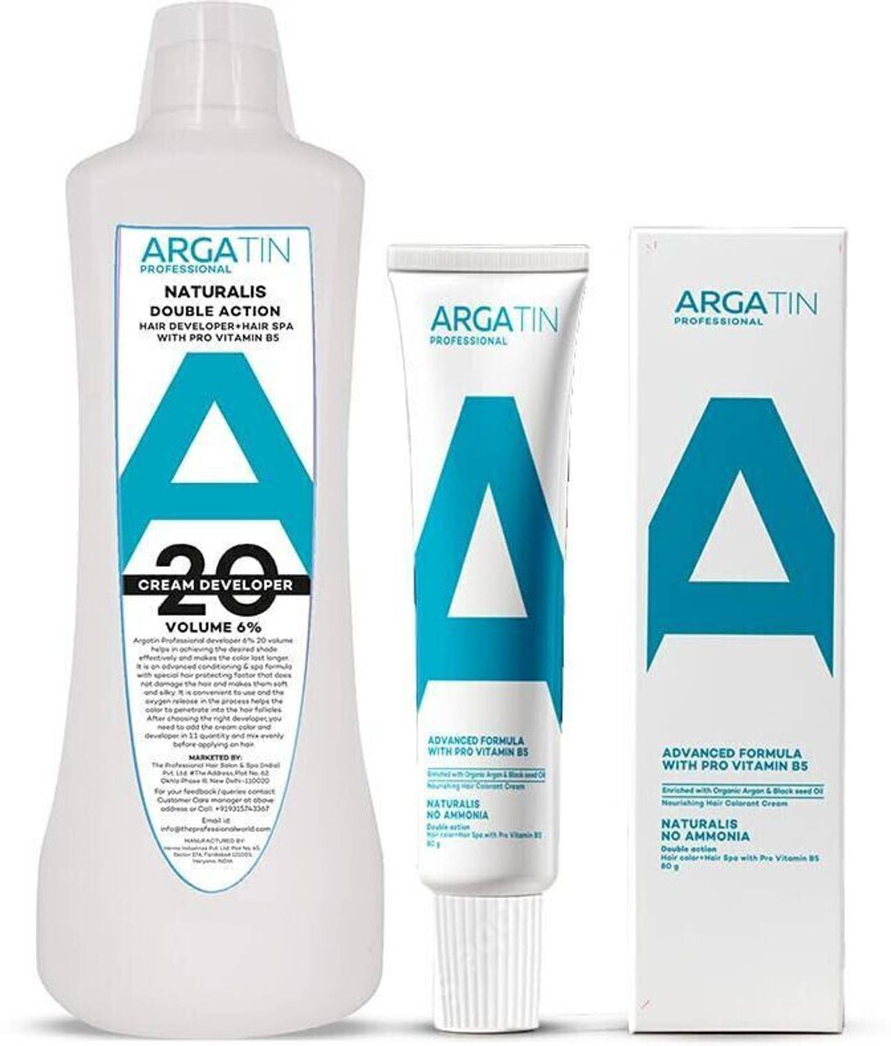 ARGATIN Hair Color Developer 1000ml + Ammonia Free Hair Color Tube No.4 Brown 80gm , Brown