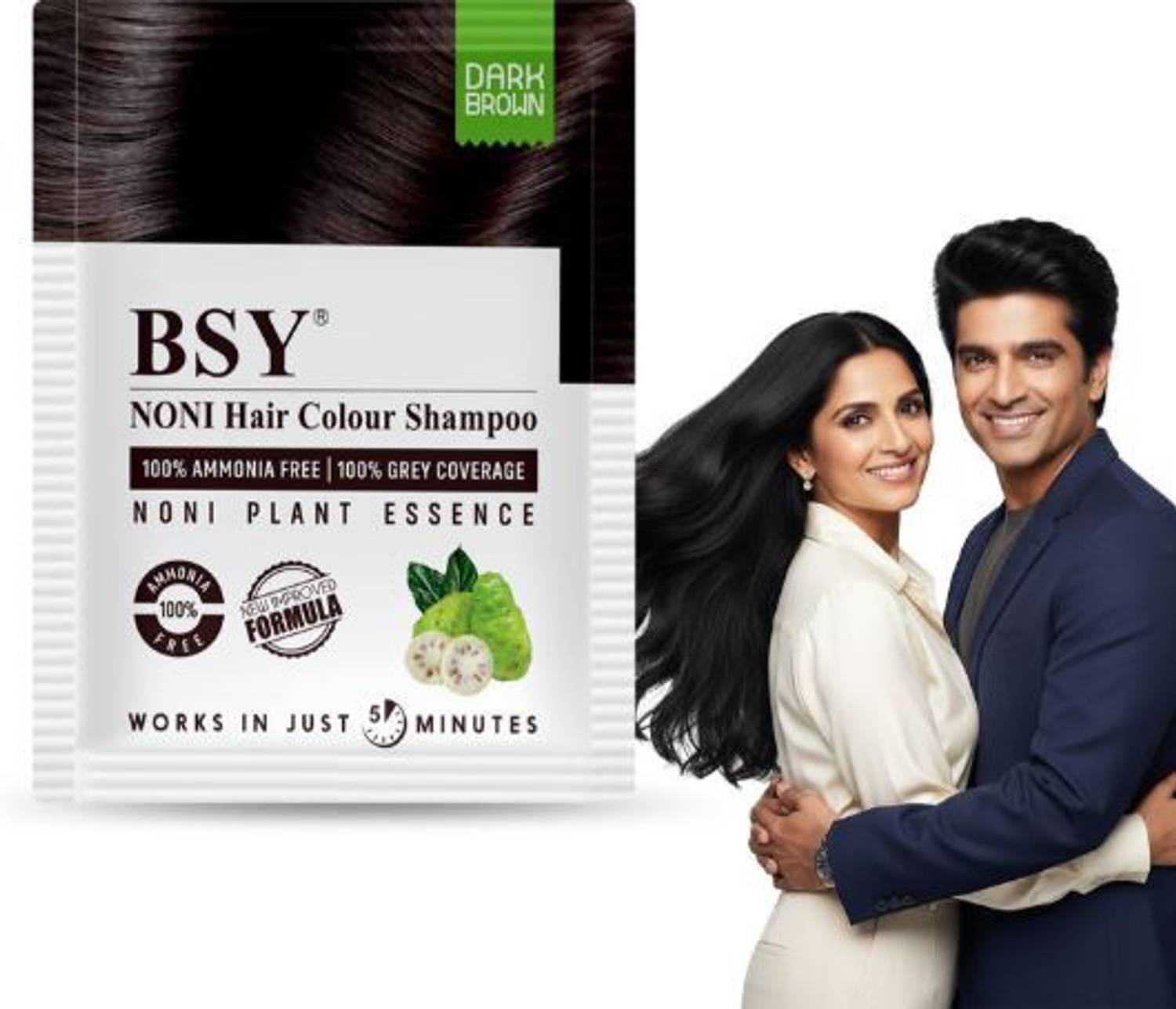 BSY Noni Hair Color Shampoo, Ammonia Free, 20ml x 4 Sachets , Dark Brown