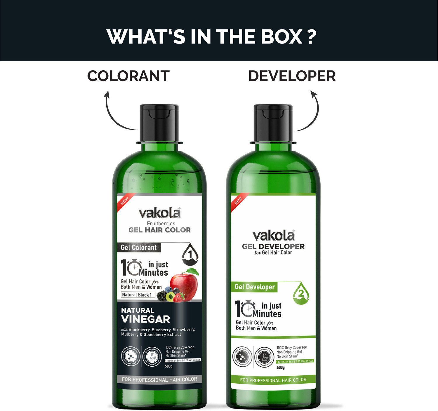 Image of Vakola Natural Black 20 Min Gel Hair Color, 100% Grey Coverage, 500MLX2 Developer Color , Natural Black