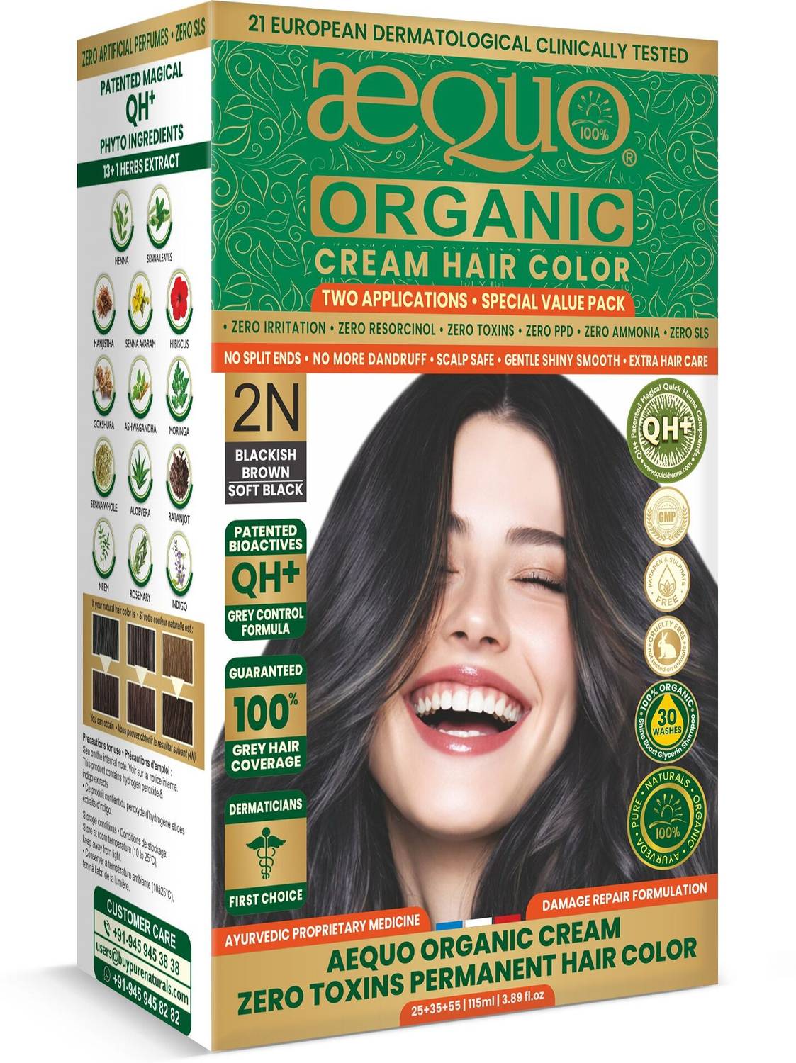 Aequo Organic Organic Cream Hair Color 2N Blackish Brown | 100% Grey Coverage | Ammonia Free , Black