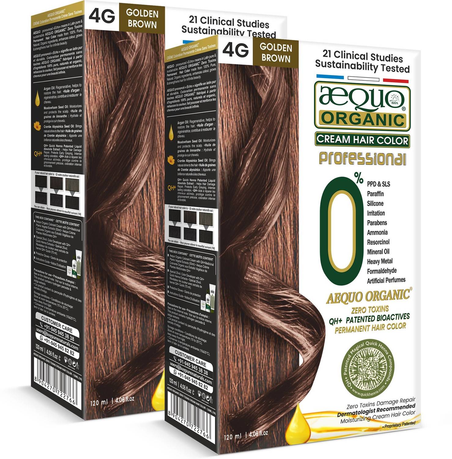 Aequo Organic Damage Free Cream Hair Color 4G Golden Medium Brown- 120 ml (pack of 2) , Golden Medium Brown