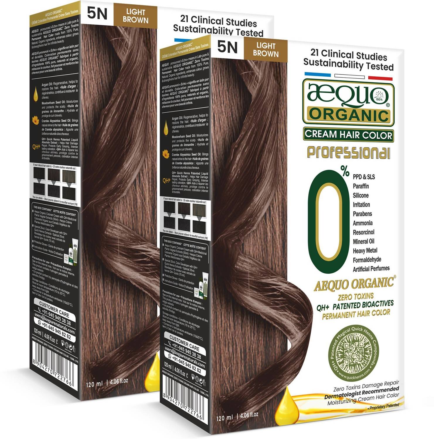 Aequo Organic Damage Free Cream Hair Color 5N Light Brown- 120 ml (pack of 2) , Light Brown