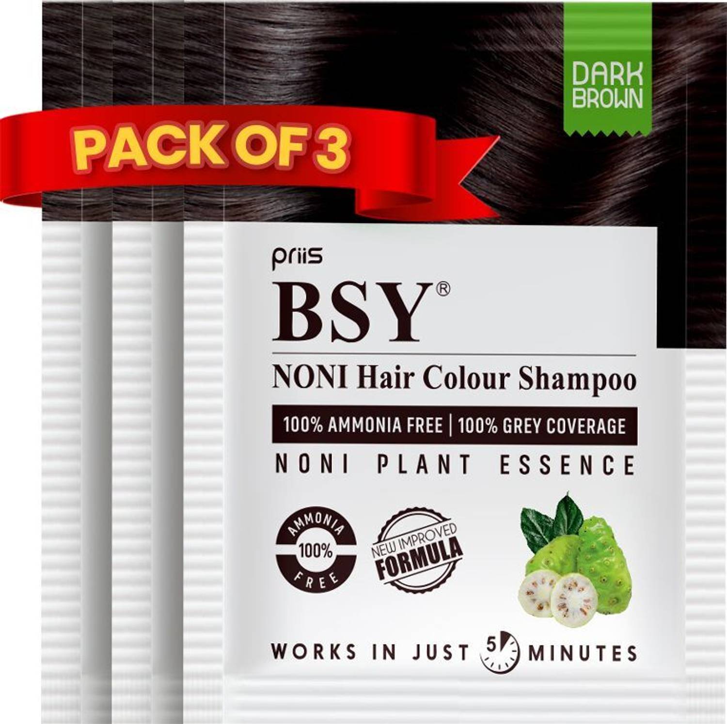 BSY Noni Hair Color Shampoo, Ammonia Free, 20ml x 3 Sachets , Dark Brown
