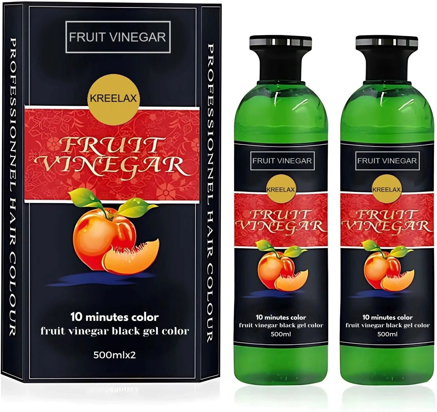 Kreelax FRUIT VINEGAR GEL Hair Color No Ammonia Grey Coverage For Men & Women 2x500ml , BLACK