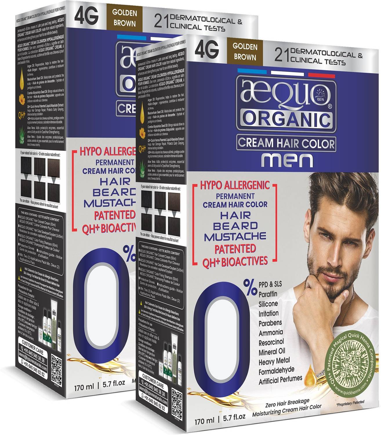 Aequo Organic Permanent Hair Color, Men 4G Golden Brown Hair Colour Kit, 170ml (pack of 2) , Golden Brown