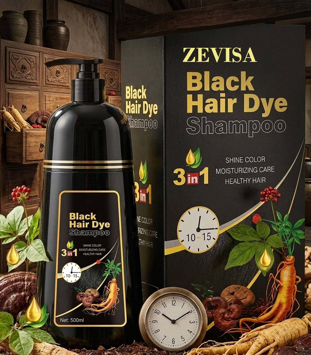 ZEVISA Hair color shampoo Z2 Natural Black for Men & Women, No