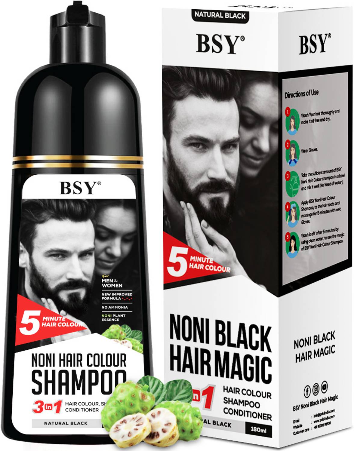 BSY Noni Natural Black Hair Colour Shampoo - 180ml- Pump Pack , Natural Black