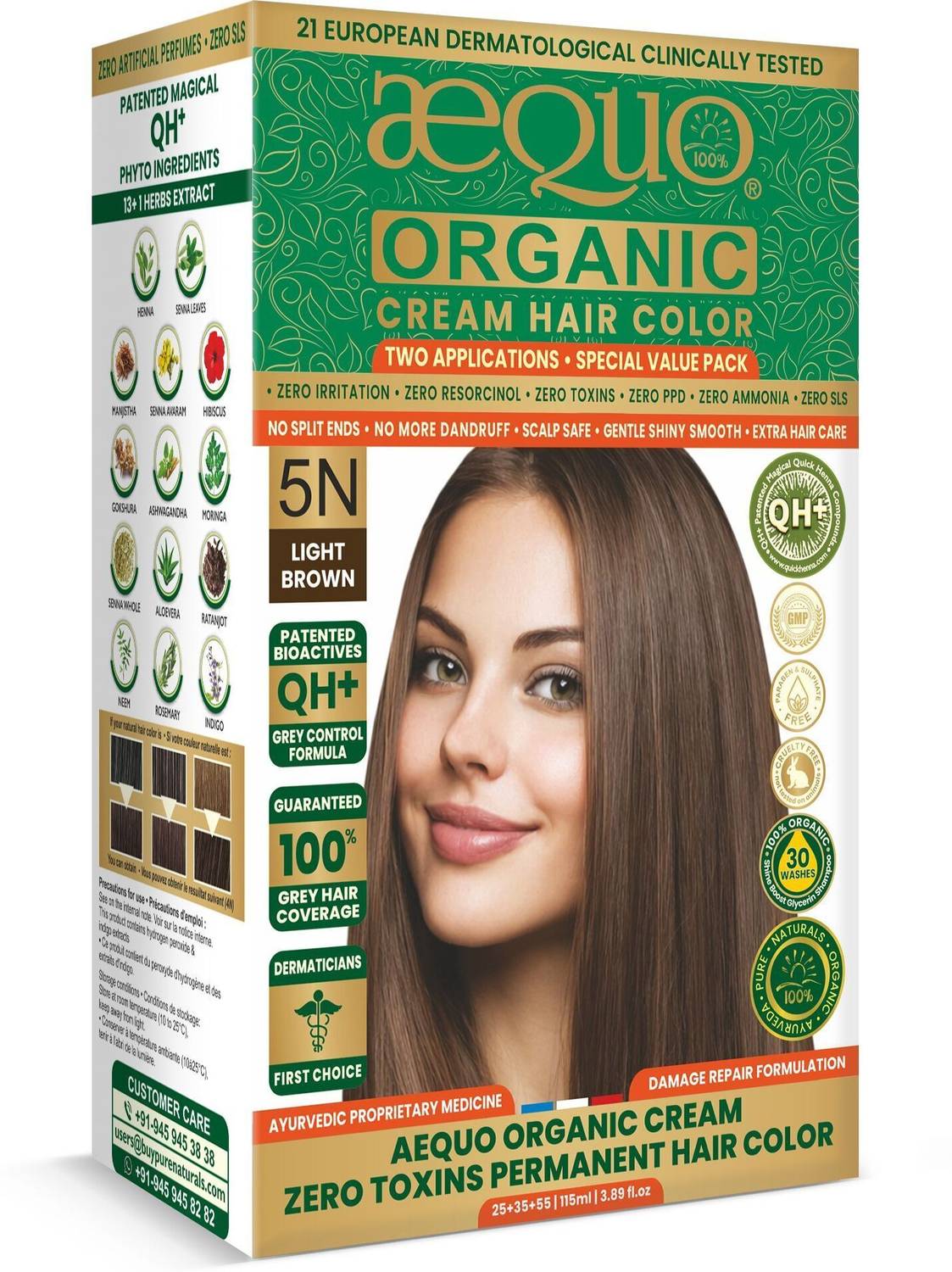 Aequo Organic Cream Hair Color 5N Light Brown | 100% Grey Coverage | Ammonia Free , Light Brown