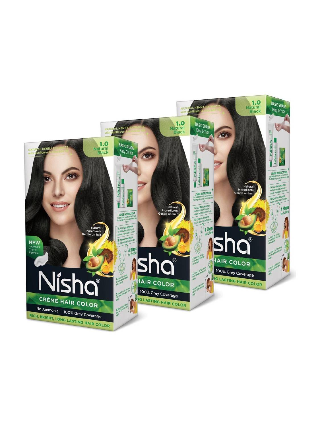 Nisha cream permanent hair color superior quality no ammonia cream formula permanent Fashion Highlights and rich bright long-lasting colour Natural Black (pack of 3) , NATURAL BLACK 1