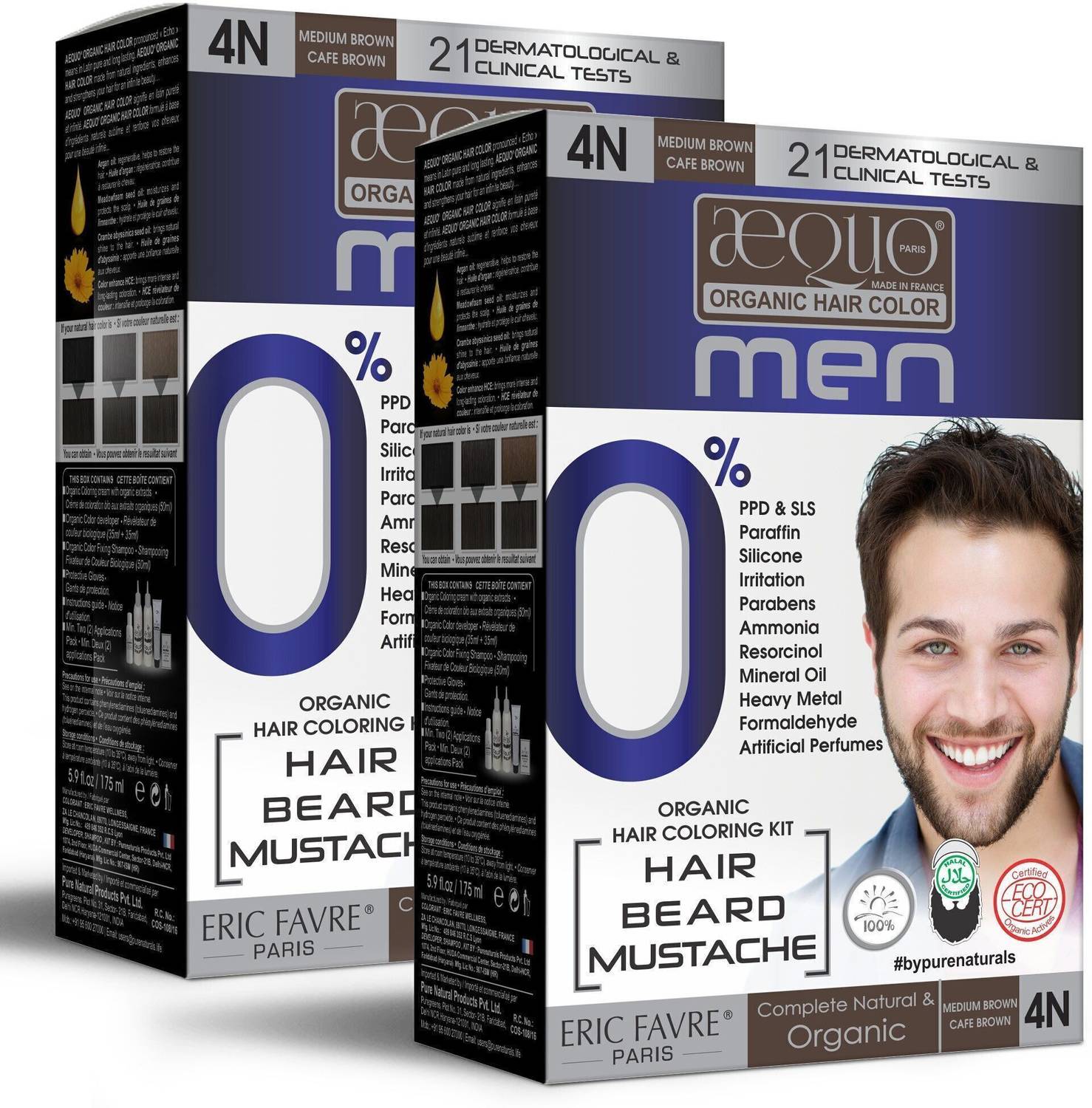 Aequo Organic Permanent Hair Color, Men 4N Medium Brown Hair Colour Kit, 170ml (pack of 2) , Medium Brown