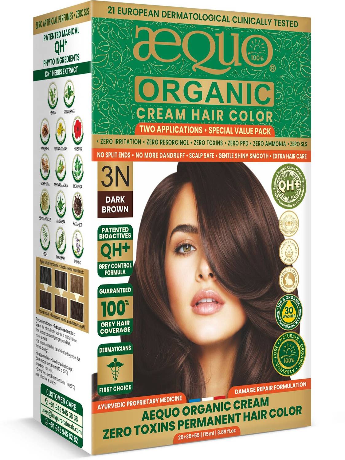 Aequo Organic Cream Hair Color 3N Dark Brown | 100% Grey Coverage | Ammonia Free , Dark Brown