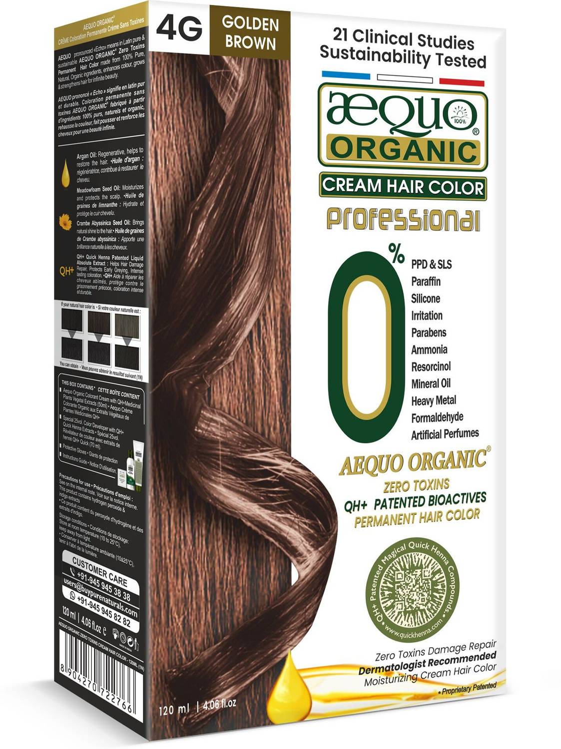 Aequo Organic Damage Free Cream Hair Color 4G Golden Medium Brown- 120 ml , Golden Light Brown