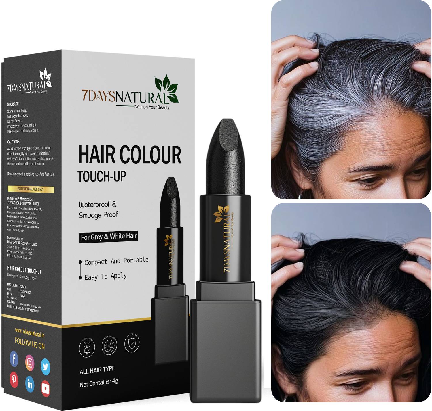 7days natural Instant Hair Colour Touch Up Stick - Natural Black Root Touch Up, Smudge-Proof , BLACK