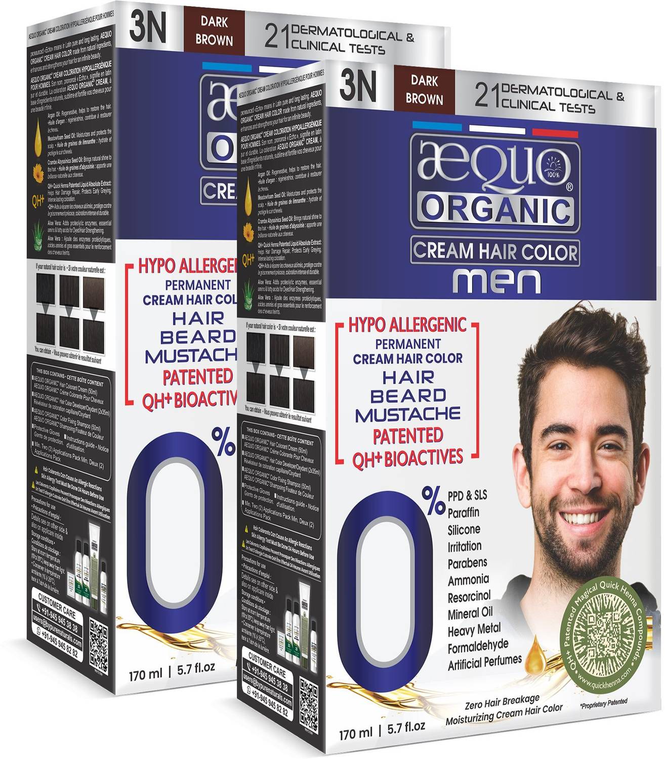 Aequo Organic Permanent Hair Color, Men 3N Dark Brown Hair Colour Kit, 170ml (pack of 2) , Dark Brown