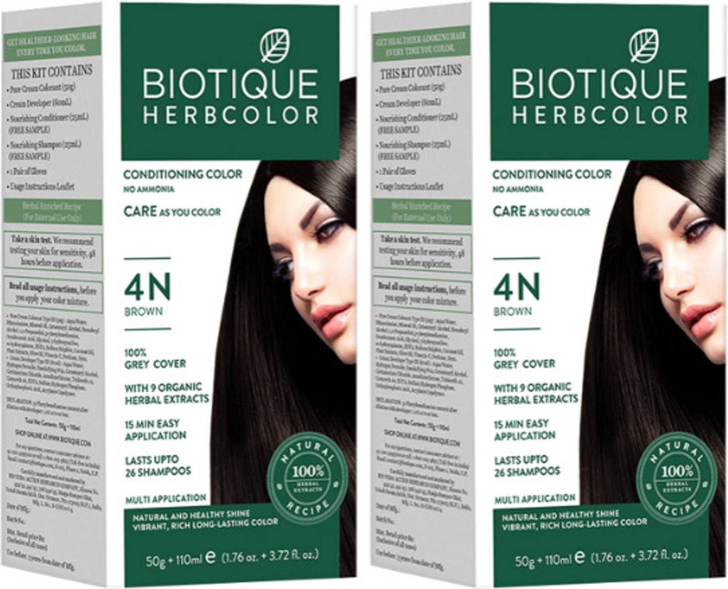 BIOTIQUE Herbcoclor Brown- 4N 60g+140ml (Pack of 2) , Brown