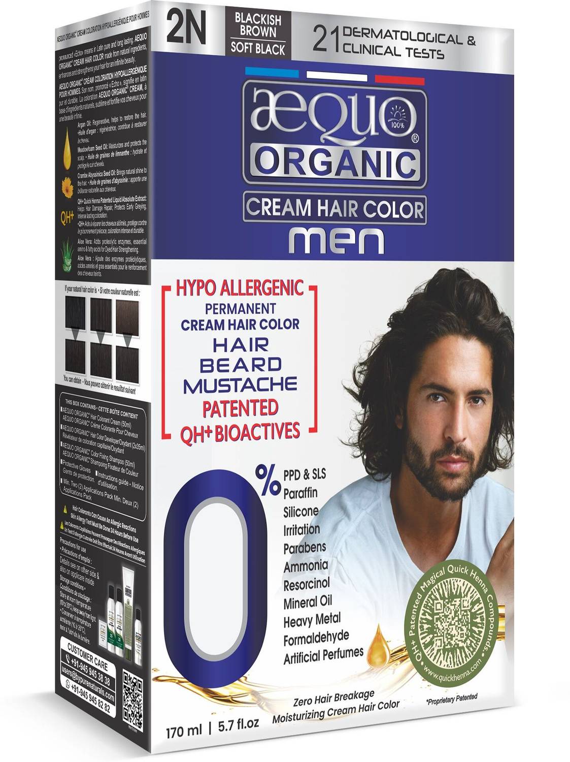 Aequo Organic Permanent Hair Color, Men 2N Blackish Brown Hair Colour Kit, 170ml , Blackish Brown