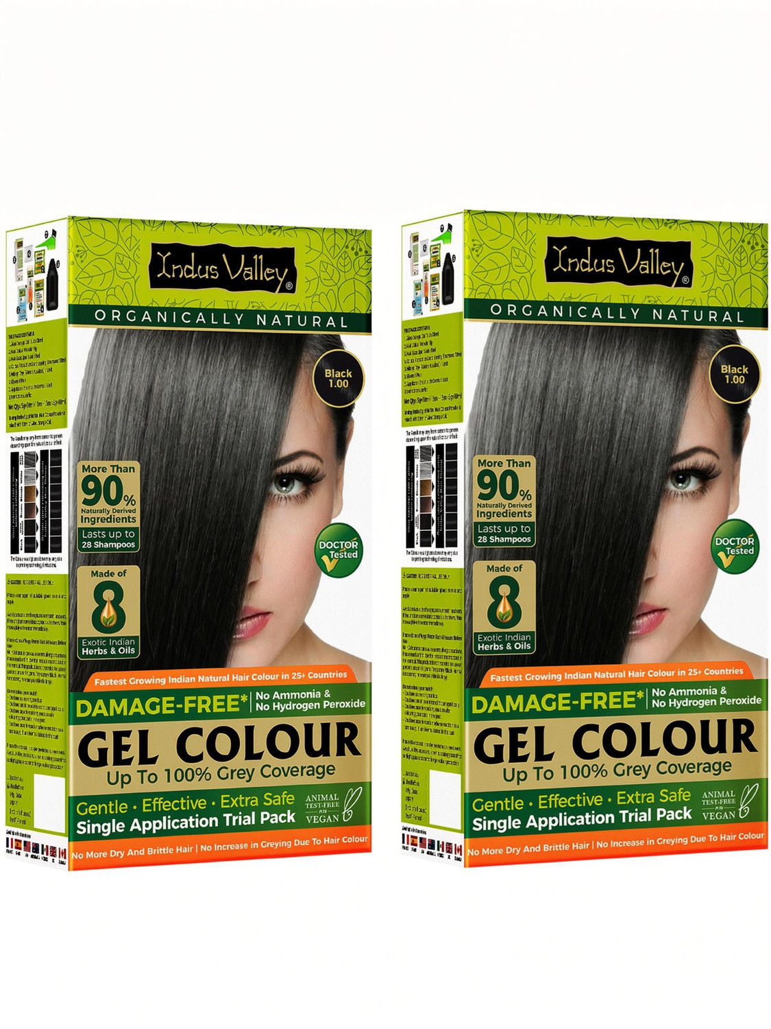 Indus Valley Damage Free Gel Hair Colour 100% Grey Coverage Trial Pack (Pack of 2) , Black