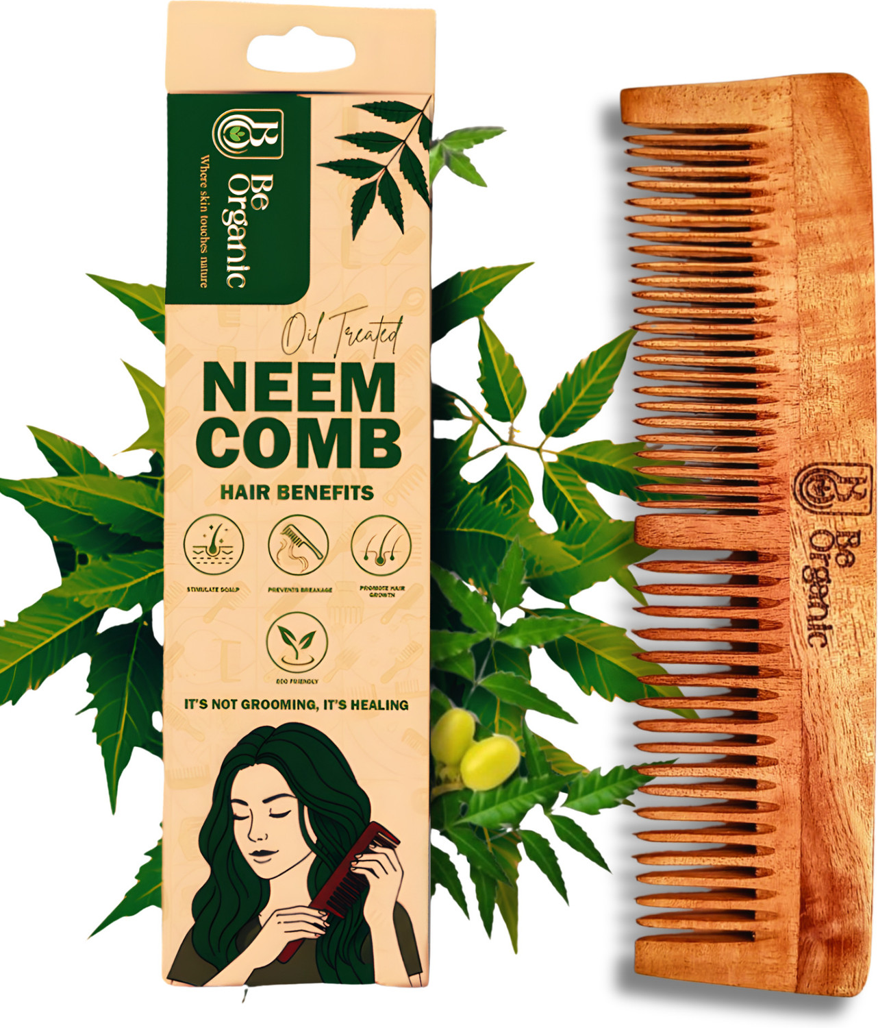 Image of Be Organic Dual Lily Oil Treated Pure Kacchi Neem Wood Comb