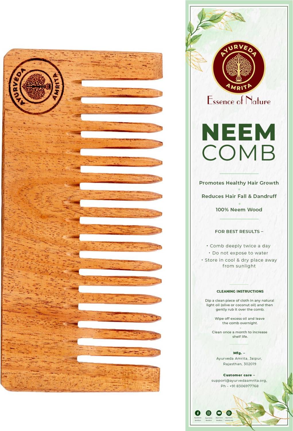 Ayurveda Amrita Neem Wood Comb for Stimulating Hair Growth, Helps in Dandruff Removal, Detangle