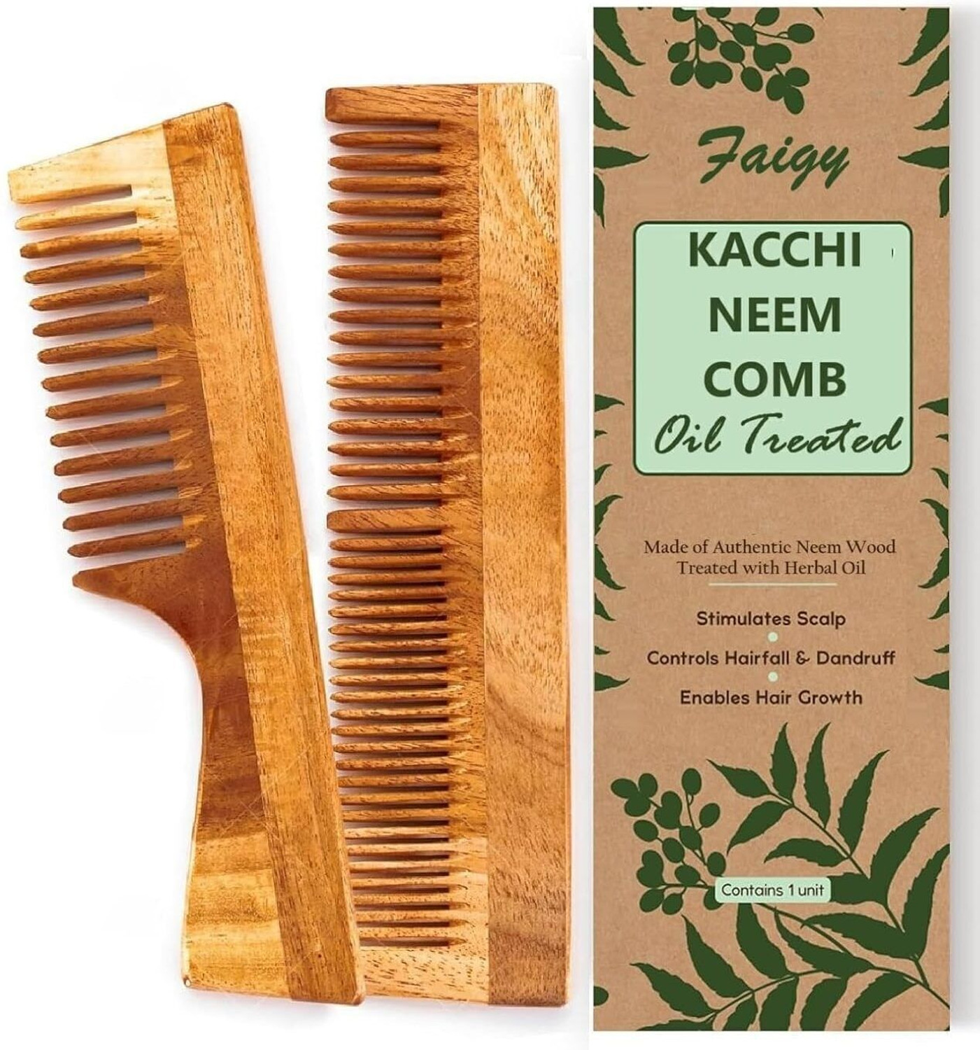 Image of Faigy Kacchi Neem Wood Comb - Natural Haircare Infused with Neem Oil & Herbal Extracts