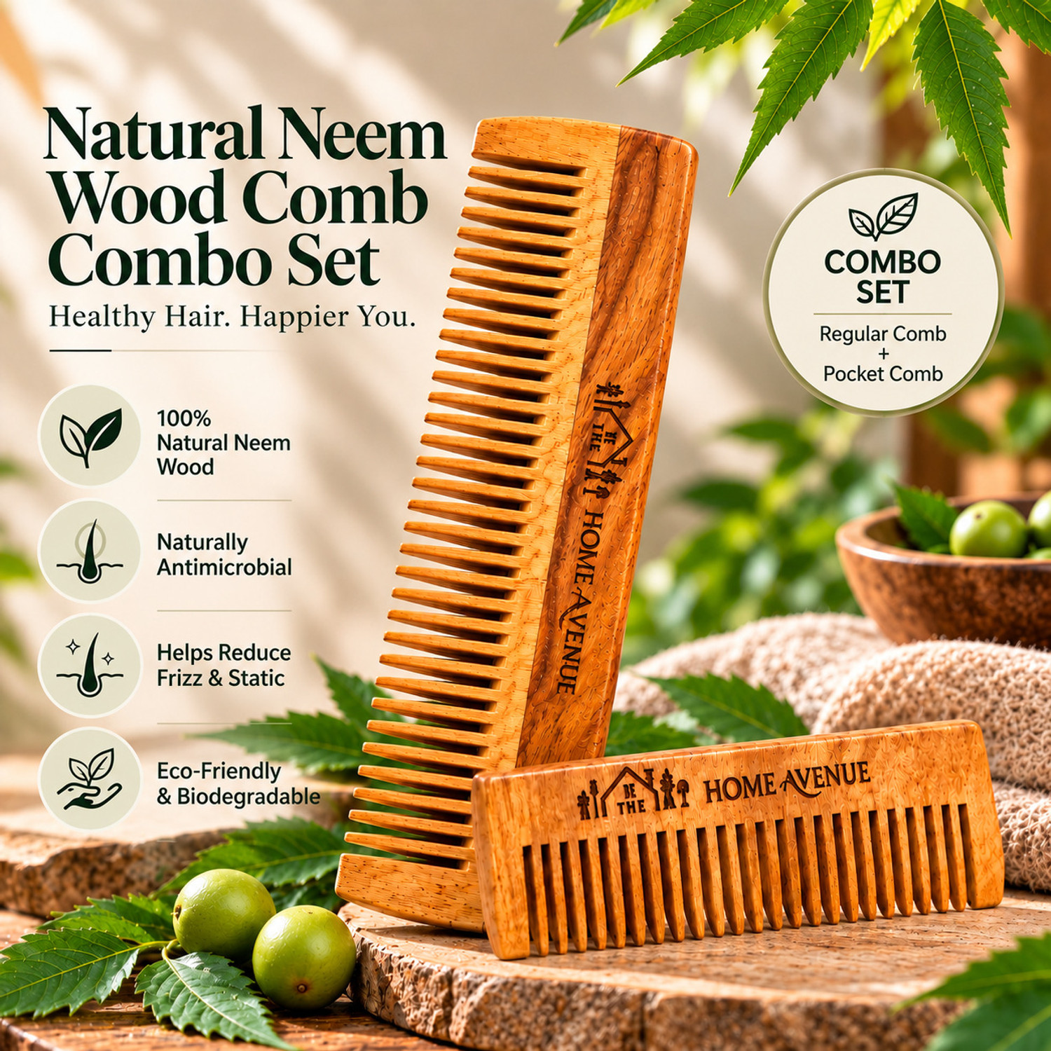 Image of The Home Avenue Neem Wood Hair Comb Combo Anti Static Fine Tooth Pocket Comb Unisex
